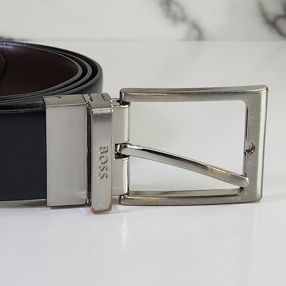 BOSS Black- Brown Reversible Leather Belt with Silver Buckle